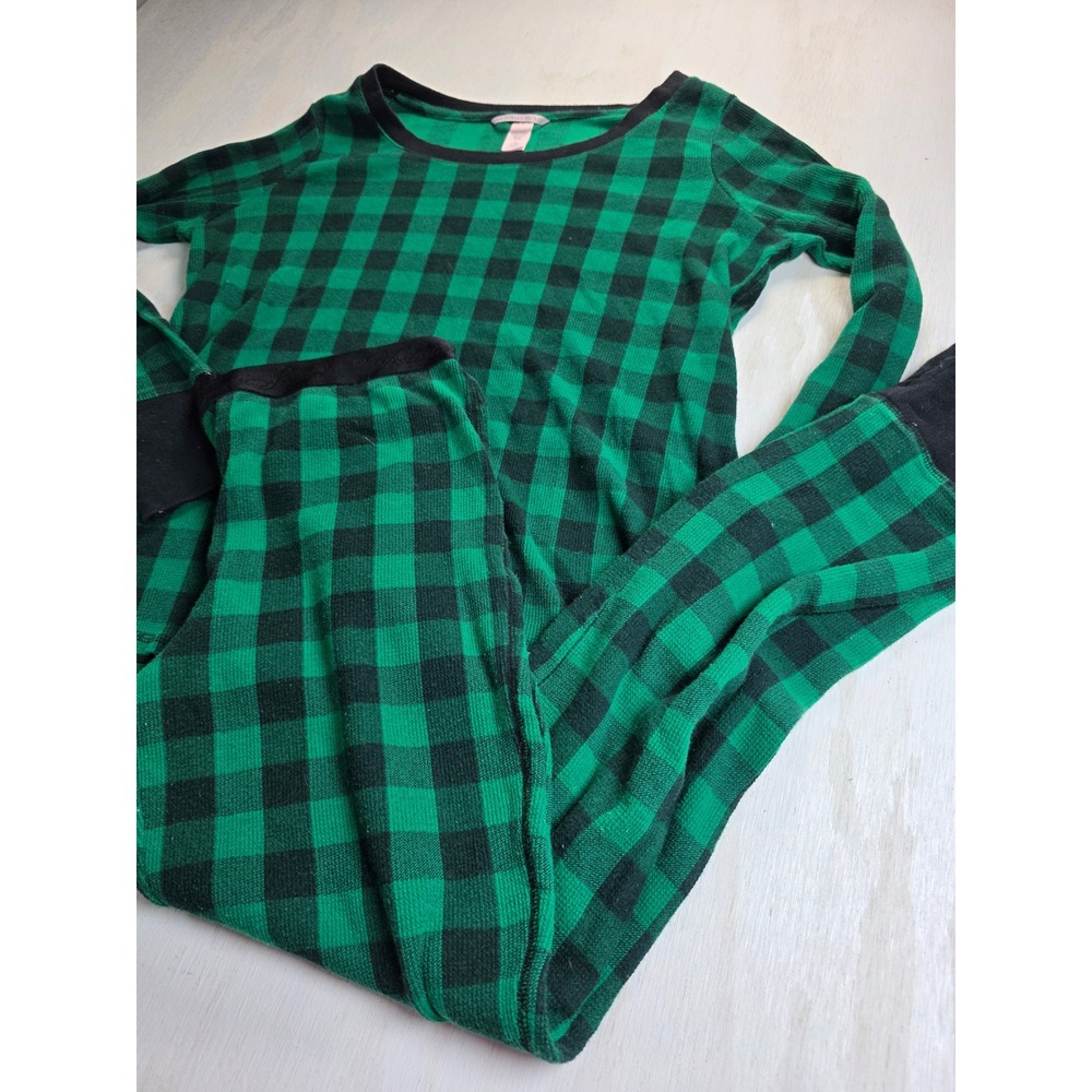 Victoria's Secret Thermal Pajama Set Green Black Buffalo Plaid Waffle Knit M